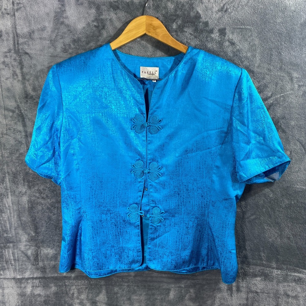 Vintage Papell Boutique Top Blouse Womens 16 Blue Silk Frog Closure Asian Style